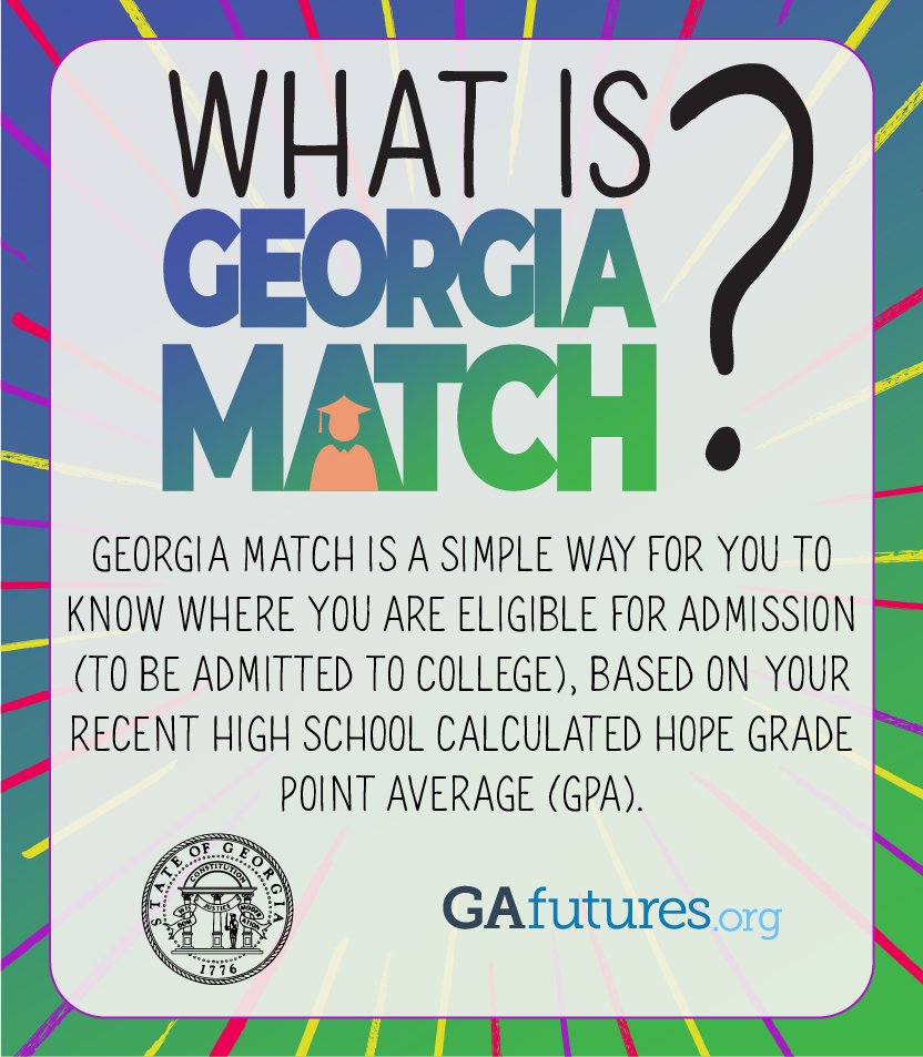 High School Seniors: Matching with the right college just got easier! Based on your recent HOPE GPA, GEORGIA MATCH provides you with a simple way to determine your eligibility for college admission. Learn more about GEORGIA MATCH here: gafutures.org/GEORGIAMATCH