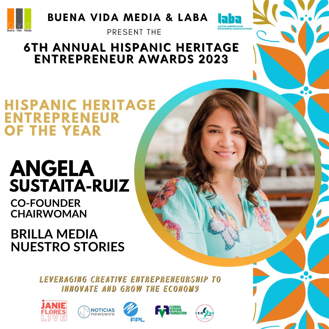 🏵️  <a href="/BuenaVidaMedia/">BuenaVida Media</a> &amp; <a href="/LABA_INFO/">LABA USA</a> present the 6th Annual Hispanic Heritage Entrepreneur Awards

🏵️Hispanic Heritage Entrepreneur of the Year Award: Angela Sustaita-Ruiz <a href="/TexinMiami/">TexinMiami</a> Co-Founder and Chairwoman of Brilla Media Ventures, Nuestro Stories 

#HispanicHeritageMonth