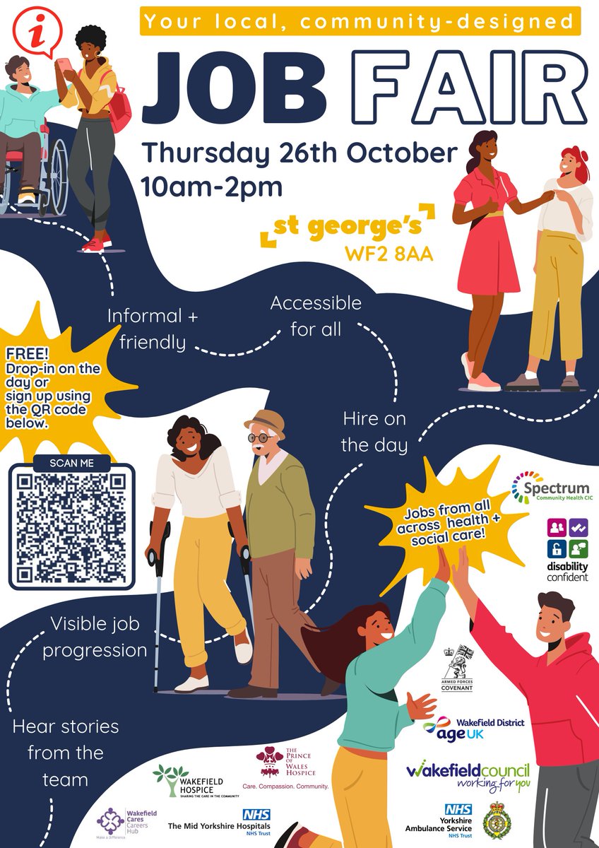 Join us at St George's 10am-2pm on Thursday 26th October for this friendly + accessible job fair.  Lots of great employers will be sharing information, PLUS there will be opportunities to get hired on the day!
#WakefieldJobs #HealthCareJobs #SocialCareJobs