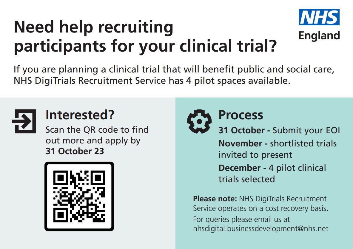 If you’re planning a clinical trial for public health and social care, the NHS DigiTrials Recruitment Service has 4 pilot opportunities available. Express your interest by Oct 31  👉digital.nhs.uk/services/nhs-d…
#clinicaltrials #research #researchers #trialrecruitment #healthcare
