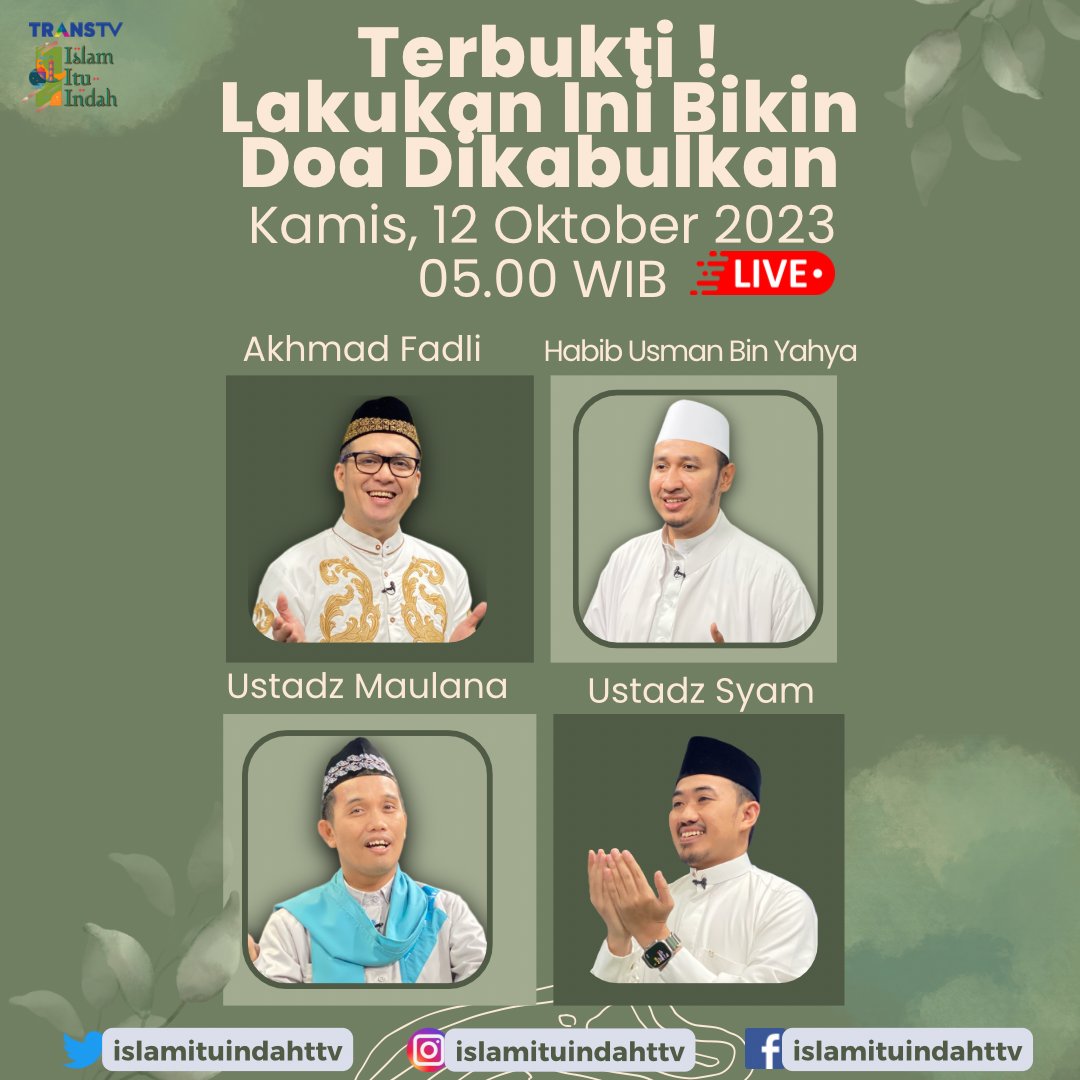 Insyallah besok hari kamis 12 oktober 2023 ya jam 5.00 WIB kita membahas yg bkin doa cepat terkabul