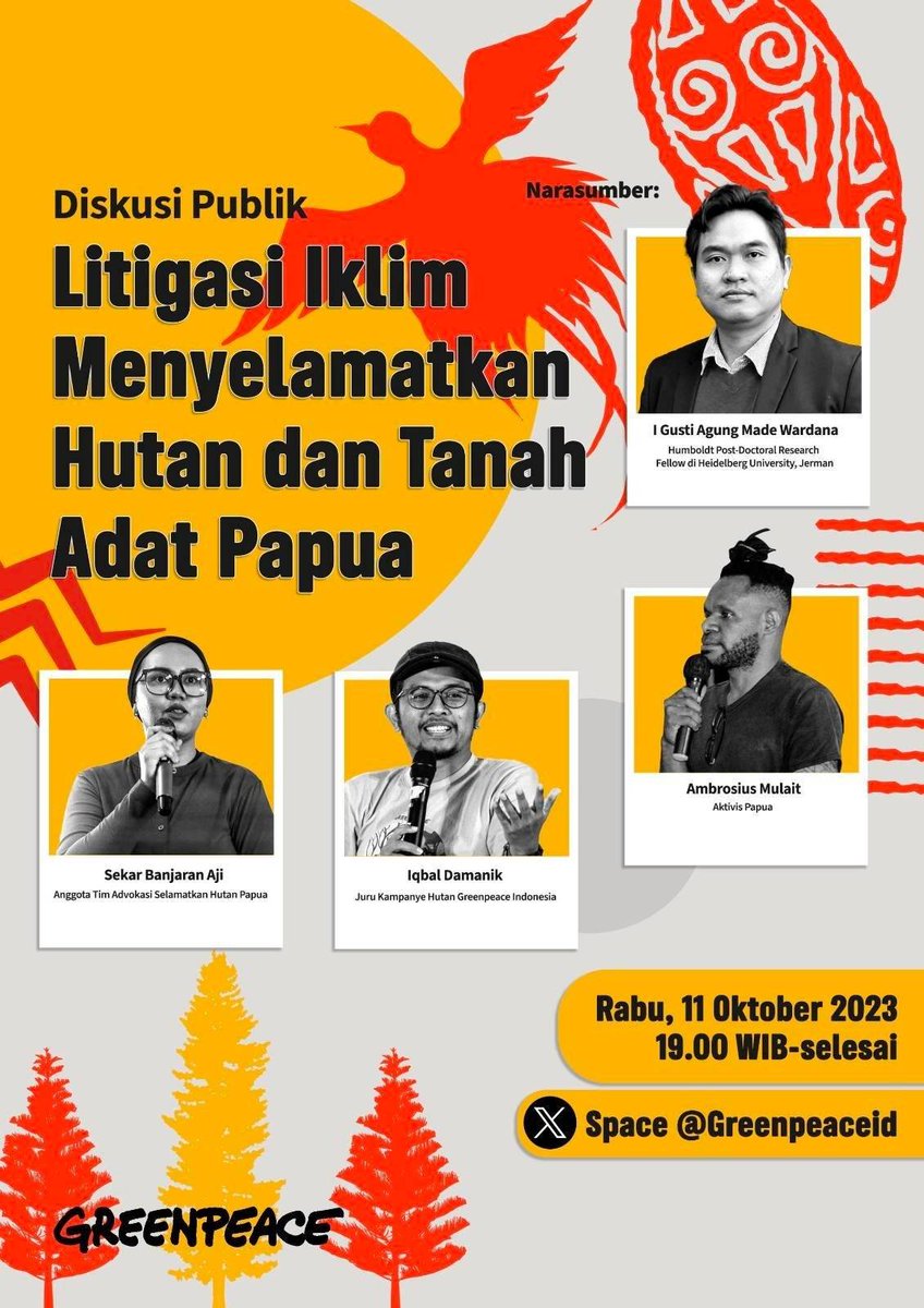 VanNuelMoi's tweet photo. sedang berlangsung di Twitter Space 
 @greenpeaceid diskusi bersma ttg Litigasi Iklim Menyelamatkan Hutan dan Tanah Adat Papua, pukul 21.00 WP - selesai

silahkan bergabung di: https://t.co/t9preqCD0q https://t.co/xbi8SSXmHl