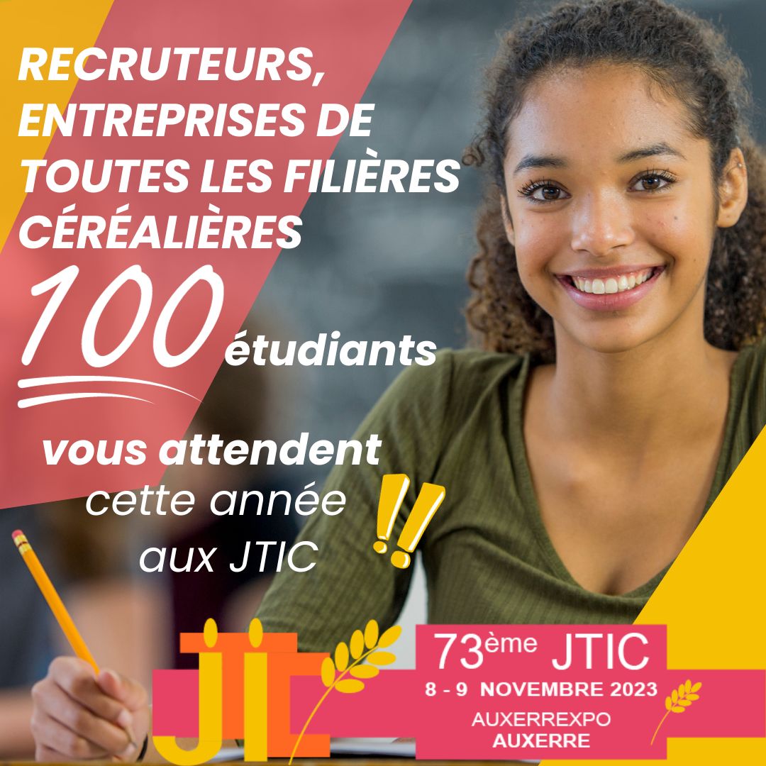 📣𝗙𝗢𝗥𝗨𝗠 𝗘𝗠𝗣𝗟𝗢𝗜  JTIC les 8 &amp; 9 nov. 23
Recruteurs, entreprises des filières céréalières,
cette année 𝟭𝟬𝟬 𝗘𝗧𝗨𝗗𝗜𝗔𝗡𝗧𝗦  seront présents aux JTIC

Envoyer vos offres  ➡ luna@aemic.com

La billetterie : lnkd.in/eHE8q-aV

<a href="/jobagri/">Jobagri</a> <a href="/EmploiAgroalim/">Jobalim</a>