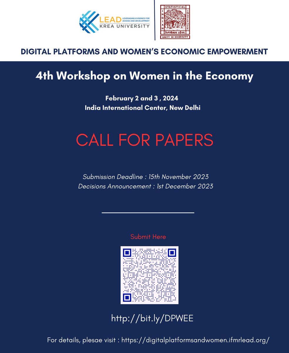 📢#CallForPapers📢#DPWEE is inviting submissions of #researchpapers on '#Gender and #Development' for the 4th Workshop on Women in the Economy, Feb 2 & 3, 2024 @IIC_Delhi 👉🏽Deadline: Nov 15, 2023 📢Decisions: Dec 1, 2023 🔗: bit.ly/DPWEE #FLFP #Genderequality @BMGF