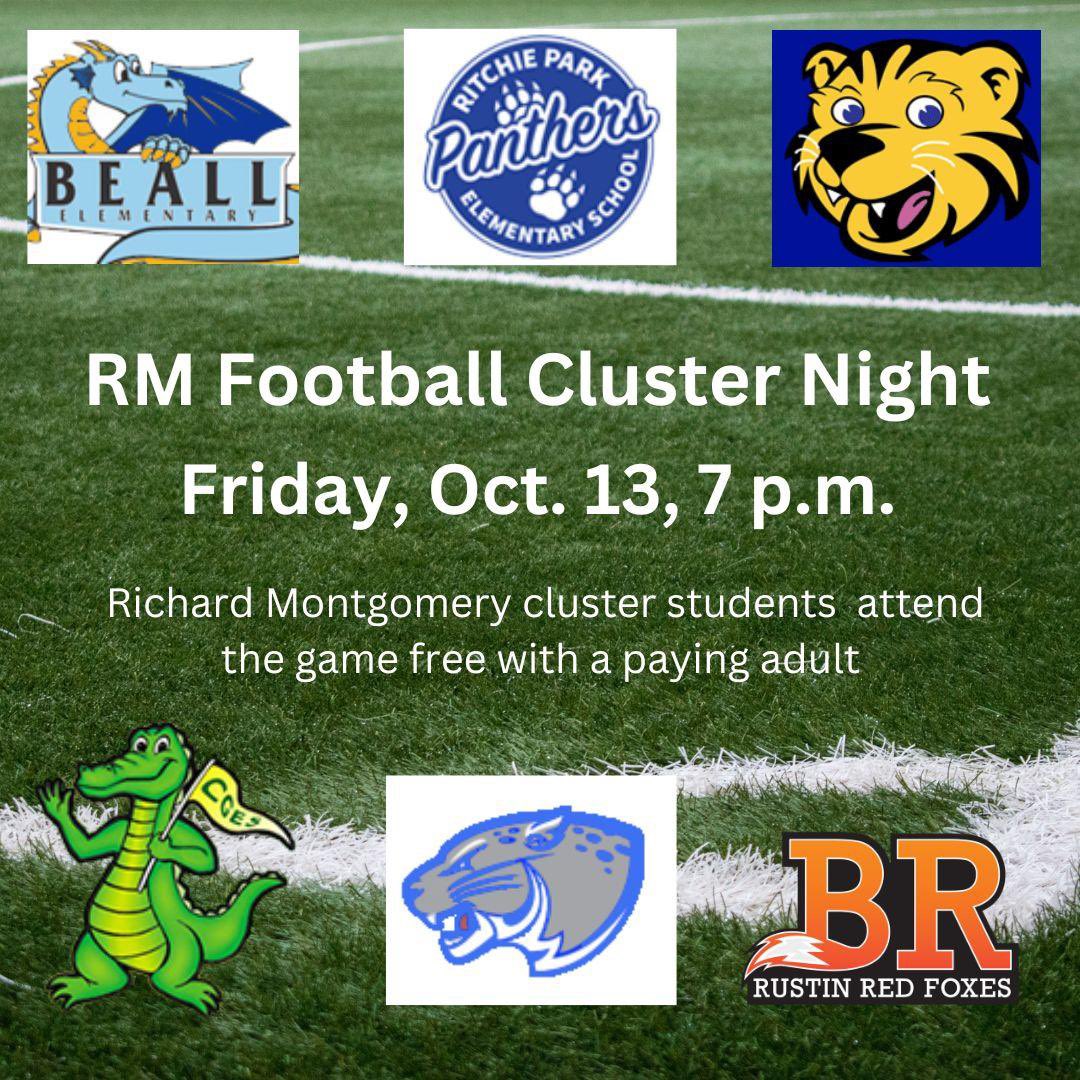 This Friday! It’s RM Cluster Night at the RM Football game vs QO. Cluster students get in free when accompanied by a paying adult. Concessions and the Spirit Shack will be open. Tix: gofan.co/event/1090715?… @Rocket__Nation @RMHS_principal @RocketsSportsRM @CoachTanyaRM