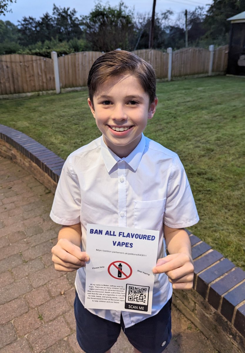 Walter, aged 11, has created a petition which you can sign below. This  calls on the Government to ban flavoured vapes. I will certainly be taking  up these concerns with Ministers. https://t.co/FV4eH02crd