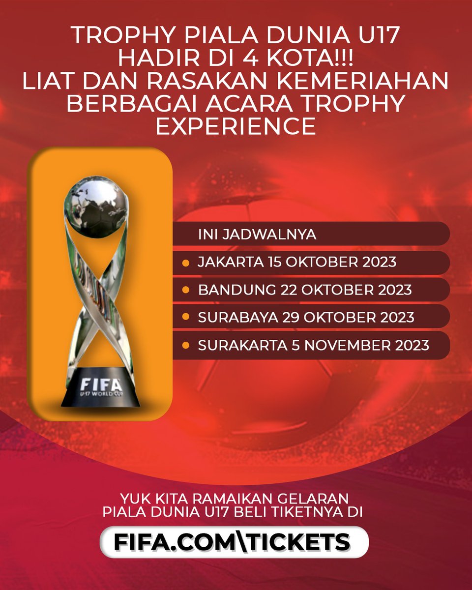 allaboutbolaid's tweet photo. Trophy Piala Dunia U17 hadir di 4 kota, catat tanggalnya! #U17Mendunia #KitaGaruda #BersamaGaruda #GarudaMudaMendunia #GarudaMendunia #PialaDuniaU17 #WorldCupU17

MC LEE TB Simatupang Gibran Gaza Mangga Mahkamah Keluarga Saw X Hazard https://t.co/PWDVJtt4b4