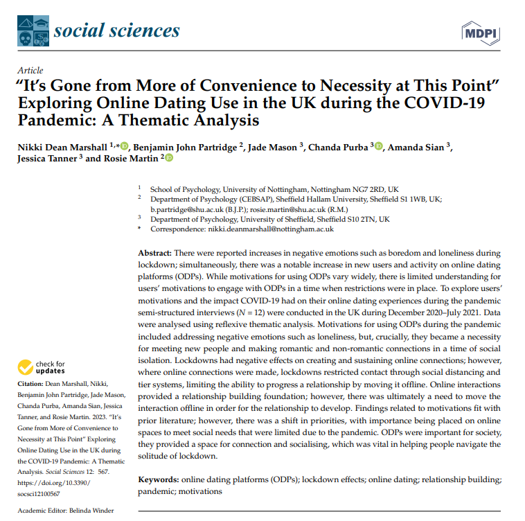 NDeanMarshall's tweet photo. Happy to share our paper exploring #onlinedating motivations &amp; experiences during #COVID19. We found a shift in priorities: these platforms provided a space for connection &amp; socialising, which was vital in helping people navigate the solitude of lockdown: https://t.co/ELHhT1nJ7n https://t.co/a6kTKhQkp4