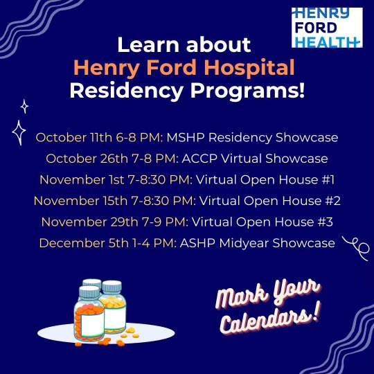 Please mark your calendars with these upcoming events to learn more about Henry Ford Residency programs! More details will be sent out prior to each event.