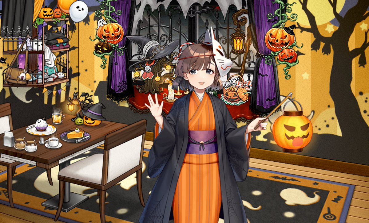 1girl halloween japanese clothes jack-o'-lantern kimono mask table  illustration images
