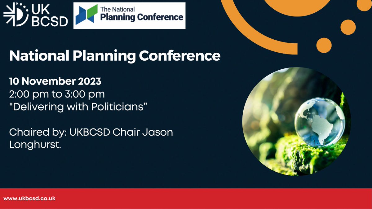Join us for the “Delivering with Politicians” talk at the National Planning Conference 2023. 

This will take place on the 10th of November. 

For more information please visit: buff.ly/3Ev1ZpM 

#Sustainability #Leadership #UKBCSD #NationalPlanningConference2023