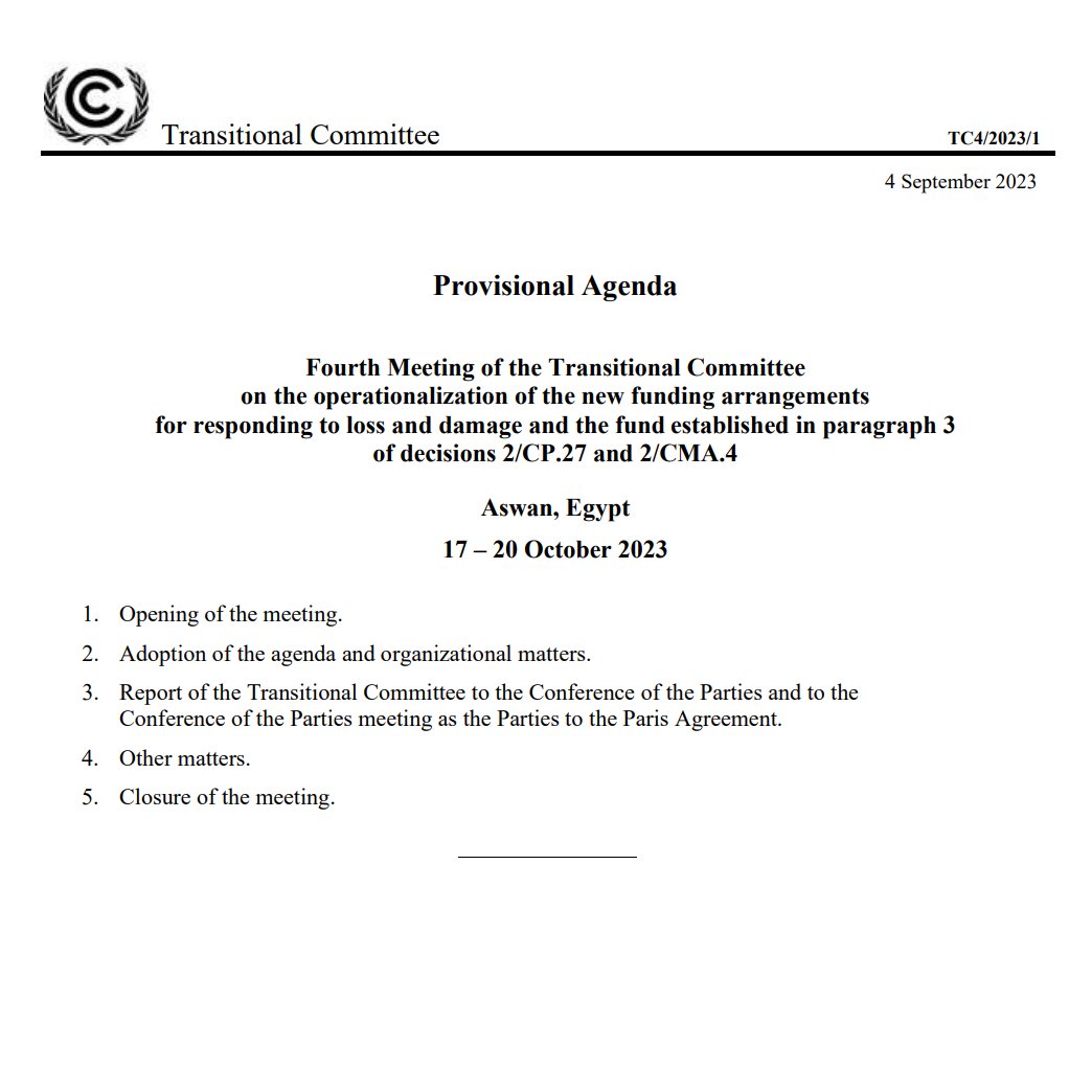 5/6. 4⃣We don't know how much of #TC4 will be live-streamed, it is possible that some sessions will be closed to observers as they were during #TC4. The provisional agenda tells us very little...*

🔗See the #TC4 provisional agenda here: unfccc.int/documents/6324…