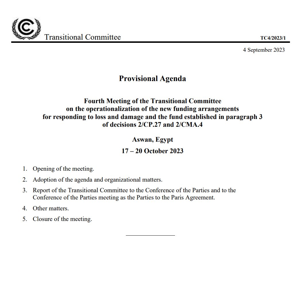 5/6. 4⃣We don't know how much of #TC4 will be live-streamed, it is possible that some sessions will be closed to observers as they were during #TC4. The provisional agenda tells us very little...* 🔗See the #TC4 provisional agenda here: unfccc.int/documents/6324…