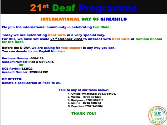 21deafpro's tweet photo. AS @21deafpro , WE STAND WITH DEAF GIRL CHILD.
#InternationalDayOfGirlChild
#21stDeafProgramme
#TogetherWeCan
#IStandWithDeafGirl
@followers
Stand with us, dear @bonifacemwangi, @EstherPassaris, @LarryMadowo and @MikeSonko
We shall greatly appreciated. https://t.co/QBvzlUK2PZ