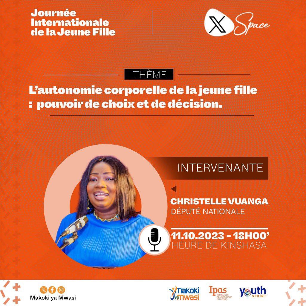 AbecAsbl's tweet photo. #SpaceX

#Journée internationale de la jeune fille

L’égalité de genre et la #masculinité positive sont des leviers importants pour renforcer le #pouvoir de #décision et de #choix de la jeune #fille.

Nous en parlons ce soir, à partir de 18h00 de Kinshasa sur la page @IpasRDC https://t.co/JlMDOJqPyG