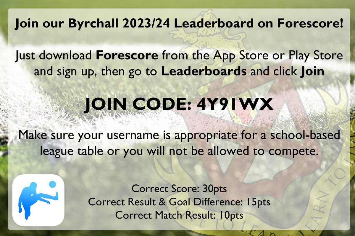 Join our <a href="/byrchall/">Byrchall High School</a> Forescore league! Download the app from Apple apple.co/46CgSTq or Google bit.ly/45smj6i and join using code 4Y91WX. Appropriate usernames only please or you will be removed from the leaderboard.
