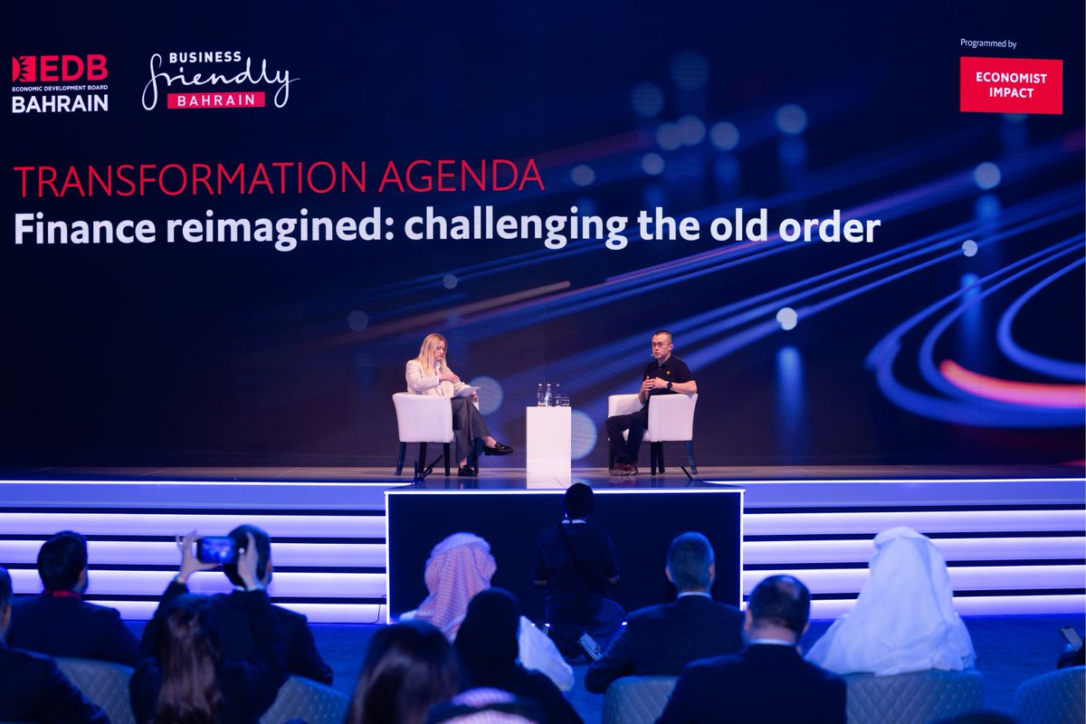 binance's tweet image. Earlier today, @cz_binance spoke at the #FintechForward2023 event in Bahrain.
He was joined on-stage by @alice_fulwood from @TheEconomist to discuss how crypto can be a pillar of finance and economies around the world.
Here's a few photos from the event!