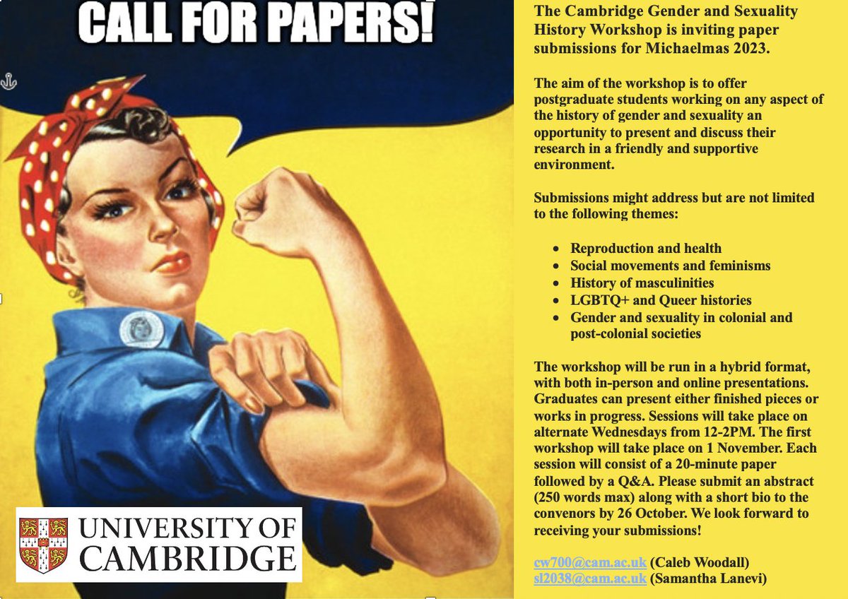 🚨🚨 CALL FOR PAPERS 🚨🚨

The Cambridge Gender and Sexuality History Workshop is excited to invite paper submission's for this term.  Submit your papers or get in touch with the new convenors (<a href="/CalebWoodall22/">Caleb Woodall</a> + <a href="/SLanevi/">Sam Lanevi</a>) for more information!