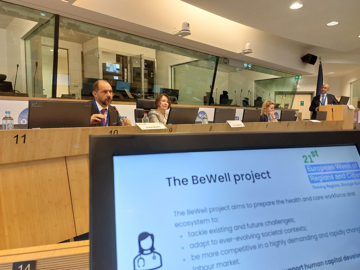 .@GeorgeConverses @EHMAinfo at #EURegionsWeek presenting the @BeWellProjectEU, blueprint alliance for future #healthworkforce strategy on #digitalskills & #greenskills @euregha is honored to lead the BeWell work on its #Partnership element! Know more 👉bewell-project.eu