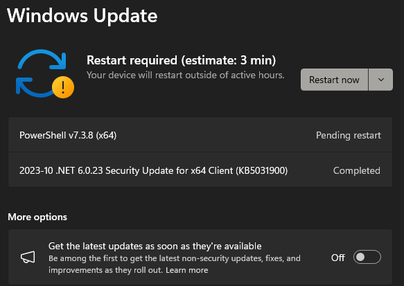 Hi <a href="/Steve_MSFT/">Steve Lee</a>. Why does PS Core require Windows 11 22H2 restart after being installed via WU? 

I rebooted after installing Windows LCU, then .NET CU arrived and wanted reboot. Now PS core. This is too much. IDK why it wouldn't arrive earlier to get bundled in previous reboots.