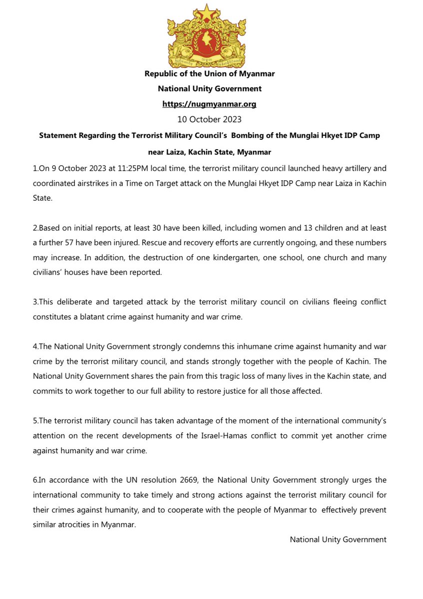 Another heinous act by Myanmar junta bombing civilians in Kachin. The world should not only denounce this but also assist Myanmar spring revolutionaries in toppling the junta. #WarCrime #Myanmar