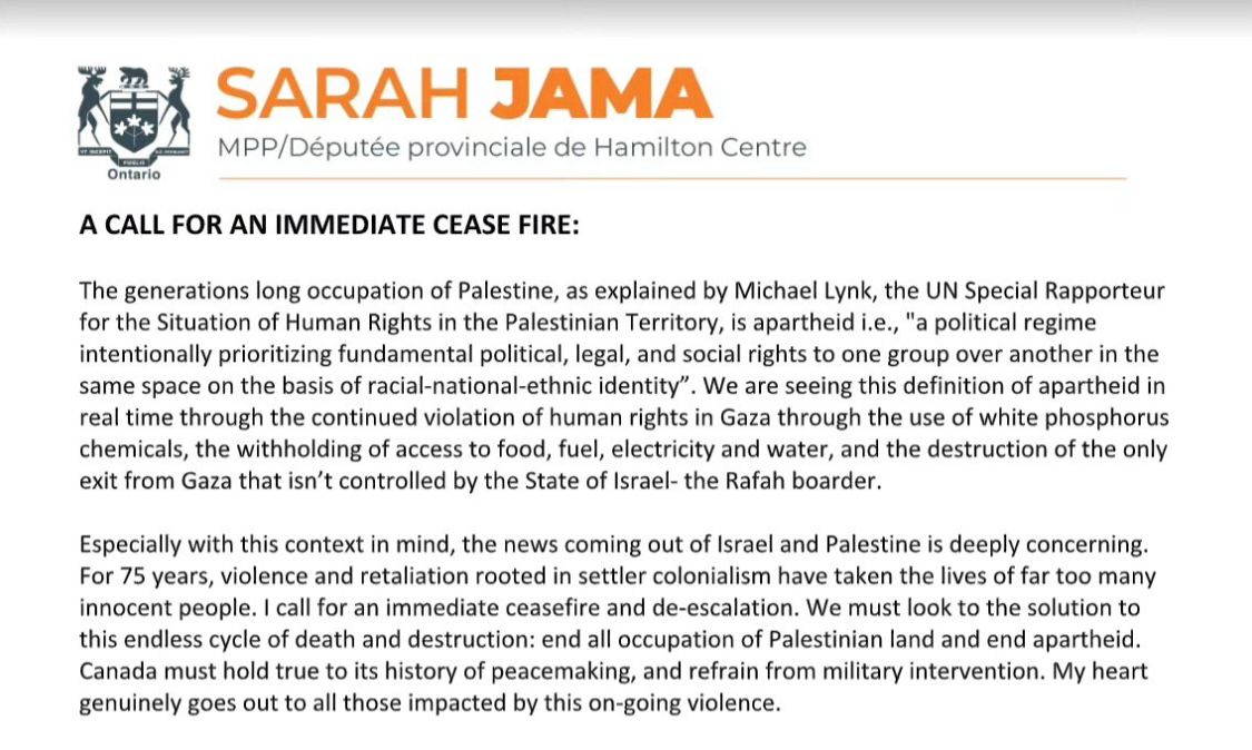 Thank you, MPP <a href="/SarahJama_/">Sarah Jama</a>, for raising your voice--the only one among any elected official in Canada--to call for an immediate cease-fire and an end to 75 years of apartheid and occupation.  <a href="/MaritStiles/">Marit Stiles</a>, we support Sarah, and so should you.