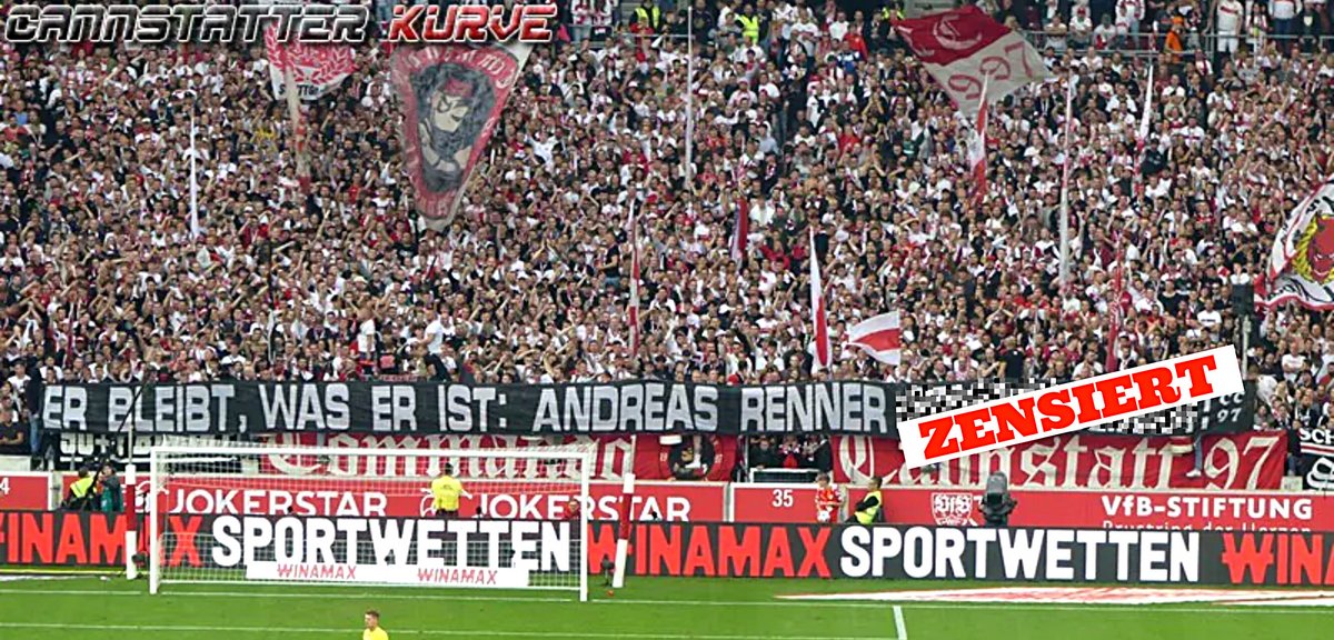 KontextWZ's tweet photo. Die VfB-Fans @cc97ultras haben Renner an diesem Wochenende ein Banner gewidmet. Weil der suspendierte Spitzenpolizist mit dem verbotenen @BILD-Begriff angesprochen wird, dürfen wir das Foto nur zensiert verbreiten. https://t.co/aUErL9lIVO