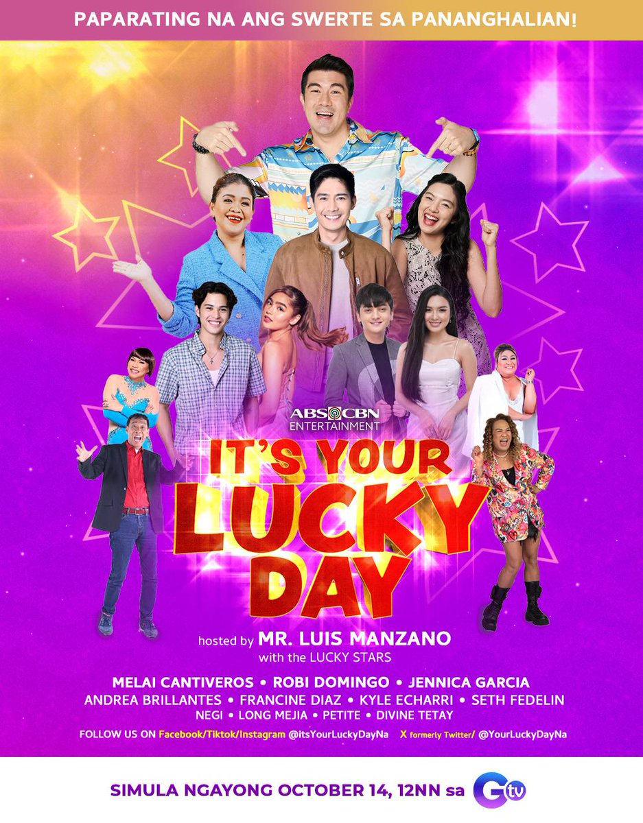 gtvphilippines's tweet photo. Lucky Kapuso! Paparating na ang magbibigay ng swerte at share-bisyo sa atin tuwing tanghali — #ItsYourLuckyDay!

Simula ngayong October 14 na! 💜🍀💛 https://t.co/6dAGCoNW4y