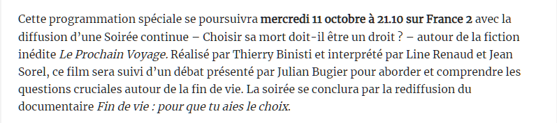 koztoujours's tweet photo. Ce soir, @France2tv propose une soirée sur la fin de vie. Elle commencera par une fiction de la militante pro-euthanasie Line Renaud et se conclura par le documentaire militant pro-euthanasie de Marina Carrère d'Encausse.

Ce matraquage ne pose jamais question à personne ? https://t.co/FeFCu0yZ0l
