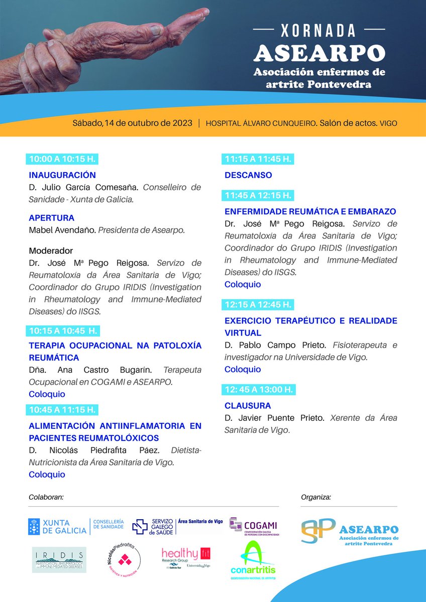 Asearpo's tweet photo. Este sábado 14 celebramos nuestra jornada informativa, dentro del marco de la campaña "Octubre mes de la #artritis y la #espondiloartritis" de nuestra coordinadora @ConArtritis
Os esperamos en el salón de actos del Hospital Álvaro Cunqueiro en #Vigo
#OctAR23
👇👇👇 https://t.co/8yiLsCnCPI