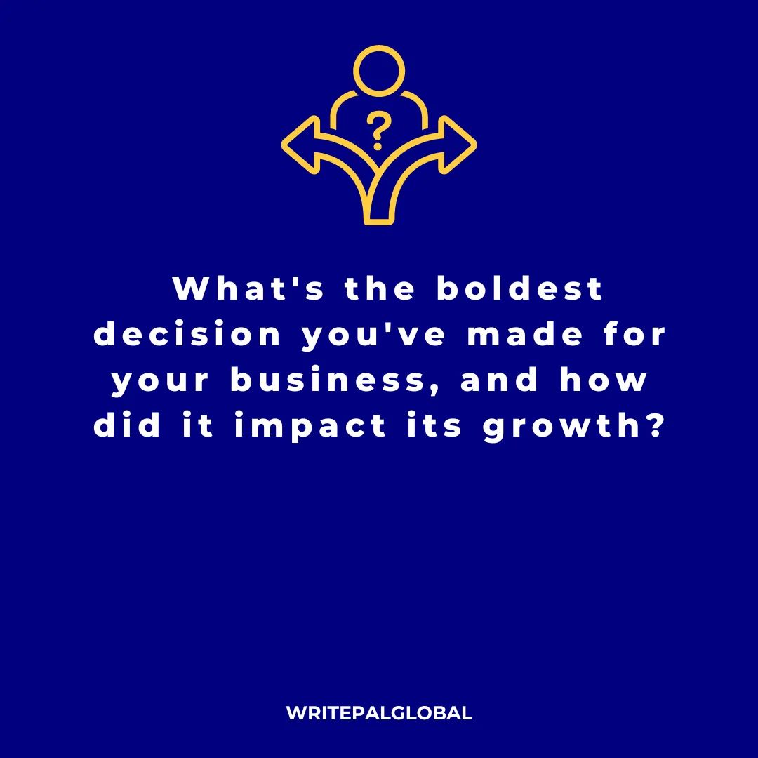 🚀💼 Reflecting on bold business moves, Entrepreneurs! Share your boldest decision and its transformative impact on your business's growth. Whether it was venturing into new markets, implementing innovative strategies.✨💪 

#BoldBusinessMoves #GrowthMomentum