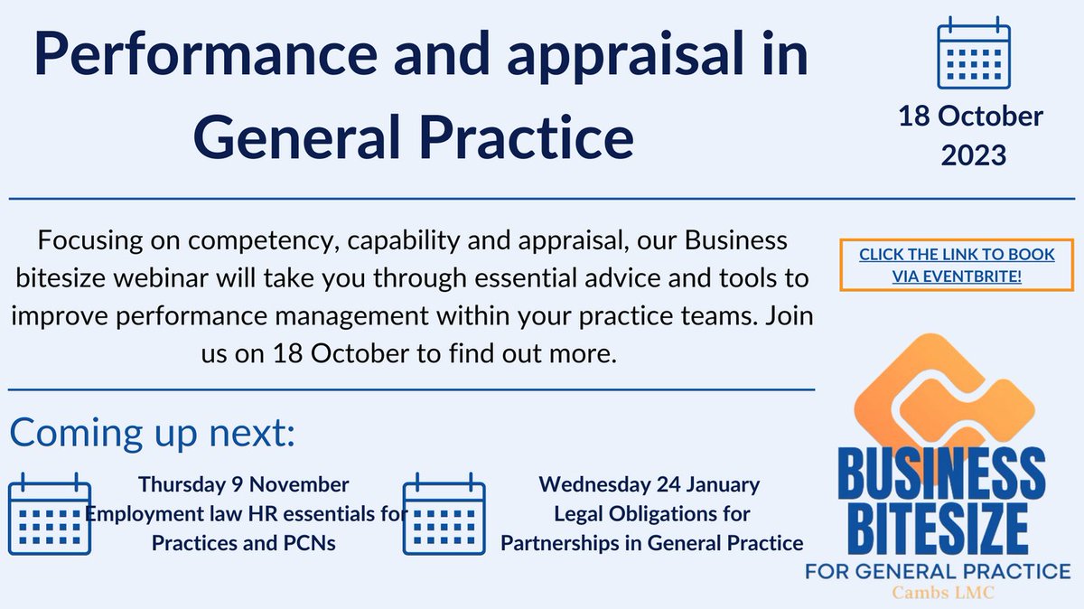 Join us for our next Business Bitesize session on Performance and Appraisal in General Practice💥 Click the link to book - eventbrite.com/e/performance-…