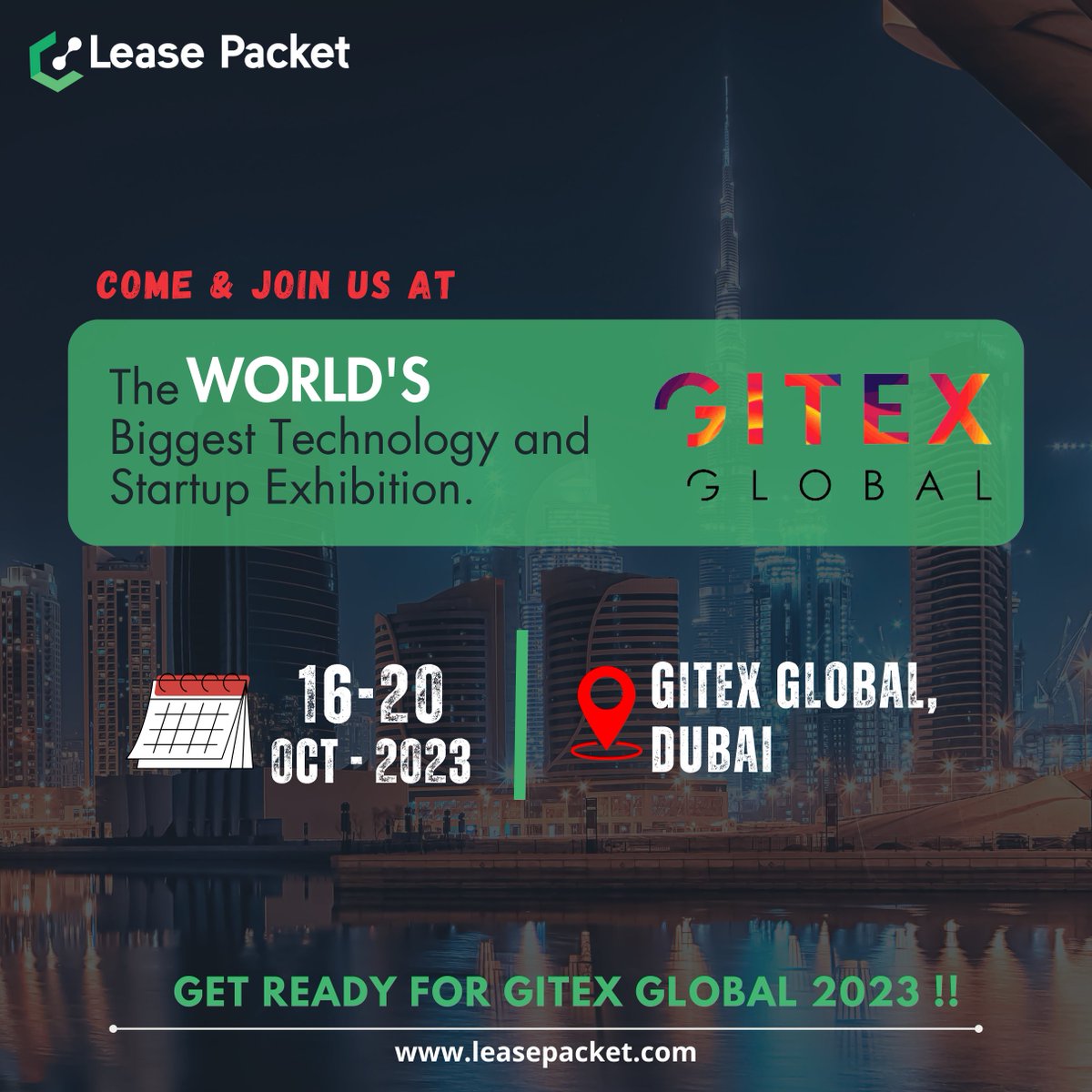 Explore the future of technology with us at GITEX Technology Week. We would love to meet you. 
📍Venue: - Gitex Global,Dubai
📷Dates: - 16-20 0ctober - 2023
#leasepacket #gitex2023dubai #gitexglobal #gitex #dubaievents #gitextechnologyweek #gitexdubai #globaldevslam