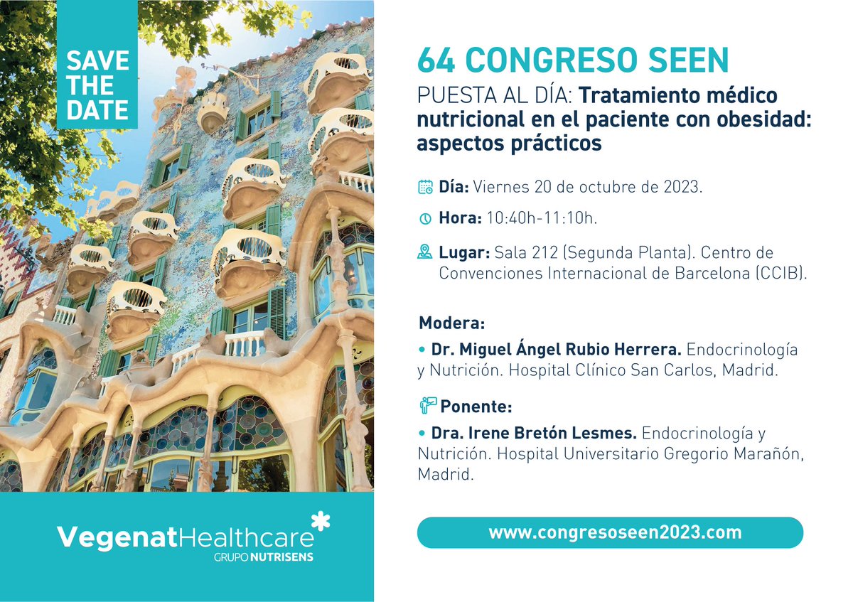 SAVE THE DATE!
64 CONGRESO <a href="/sociedadSEEN/">Sociedad SEEN</a> 
Puesta al día: Tratamiento médico nutricional en el paciente con #obesidad: aspectos prácticos

📅Viernes 20 de octubre, de 10:40h a 11:10h
📍Sala 212 (2ª planta). <a href="/CCIB_Forum/">CCIB / Centre de Convencions Internacional de BCN</a> 

Modera:👨🏻‍⚕️<a href="/marubioendocr/">Miguel A Rubio</a> 
Ponente: 👩🏻‍⚕️<a href="/irene_breton/">irene breton</a>