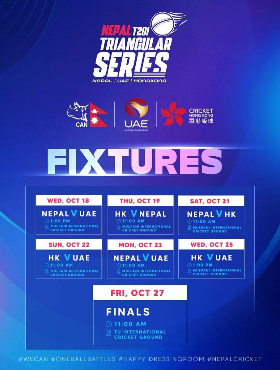 grgsailen's tweet photo. First cricket tournament of the season #NEPALvUAEvHK
All matches will be played in #MULPANI cricket ground except the #Finals https://t.co/enyrYawvkH
