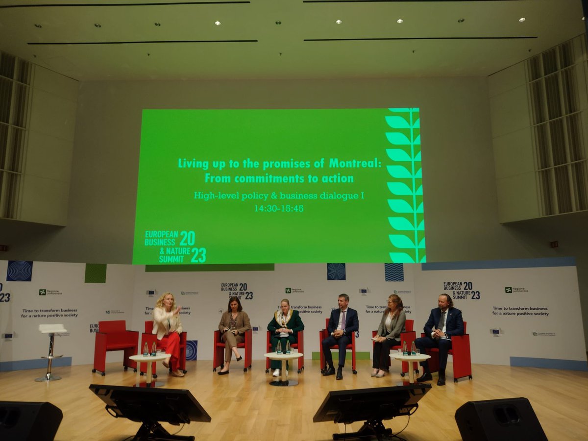 BizBioIrl's tweet photo. High-level policy & business Dialogue Day 1 at European #BusinessNatureSummit panel on moving commitment to action: @florikafink - “We need to align financial flows. Custodians of nature should be rewarded” #EBNS https://t.co/ZxFGU0JAqS