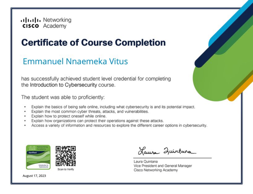 I’m thrilled to announce the completion of a new milestone obtained at Cisco Networking Academy on Introduction to Cybersecurity from SkillforShare, an online open learning platform This is indeed a tremendous success to my accomplishment in the field of cybersecurity analysis.