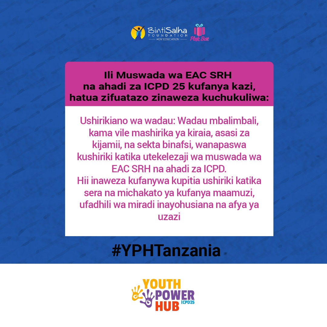 Ushiriki wa Sekta binafsi, Asasi za kijamii na Mashirika ya kiraia ni muhimu sana katika utekelezaji wa Muswada wa EAC SRH na ahadi za ICPD 25.

#YPHTanzania #EACSRHBillTz #ICPD25Tz