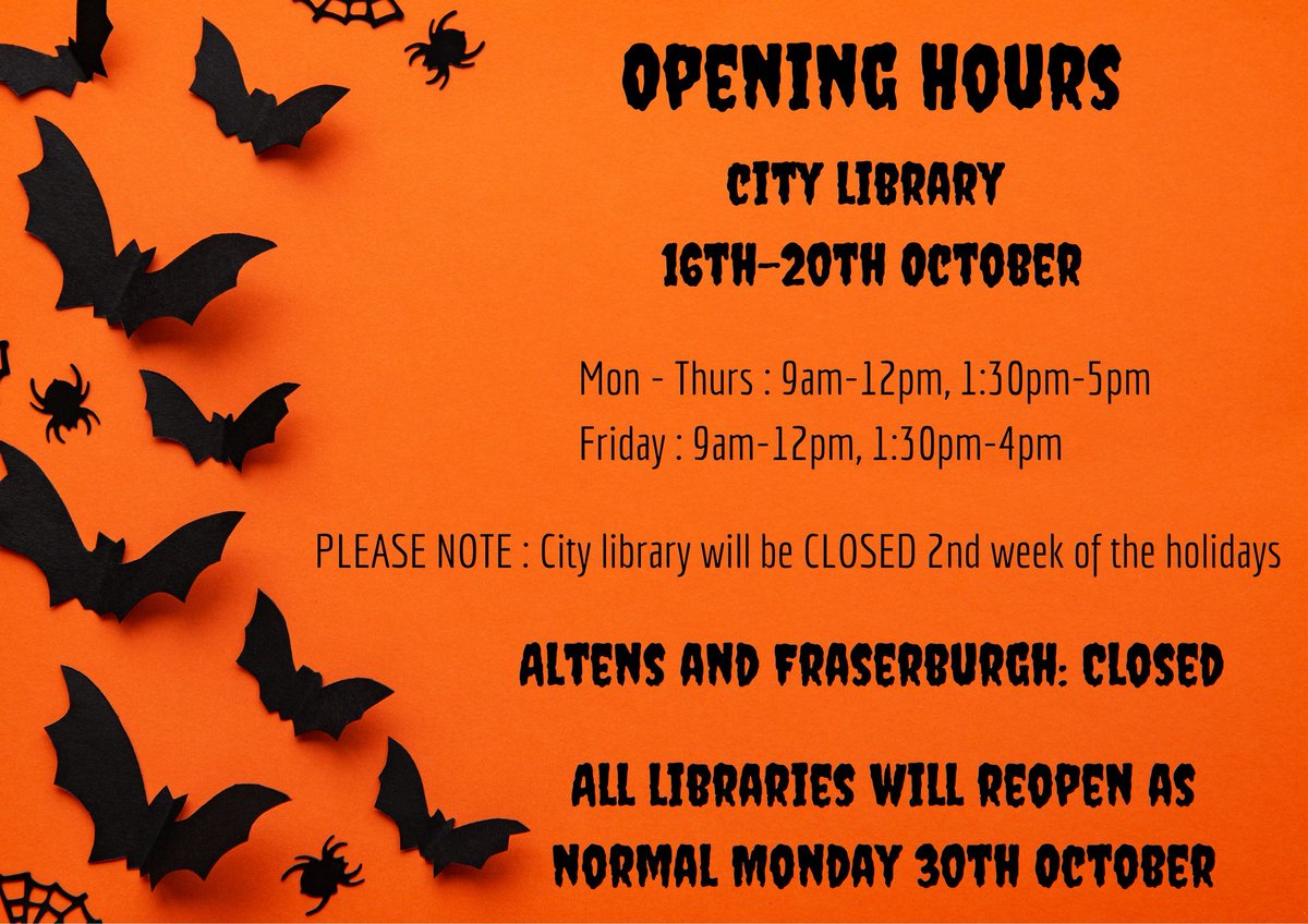 Can you believe that we've almost made it to the October holidays?!

Although Altens and Fraserburgh will be closed, City library will be open next week - find more information below 👇 👇 👇