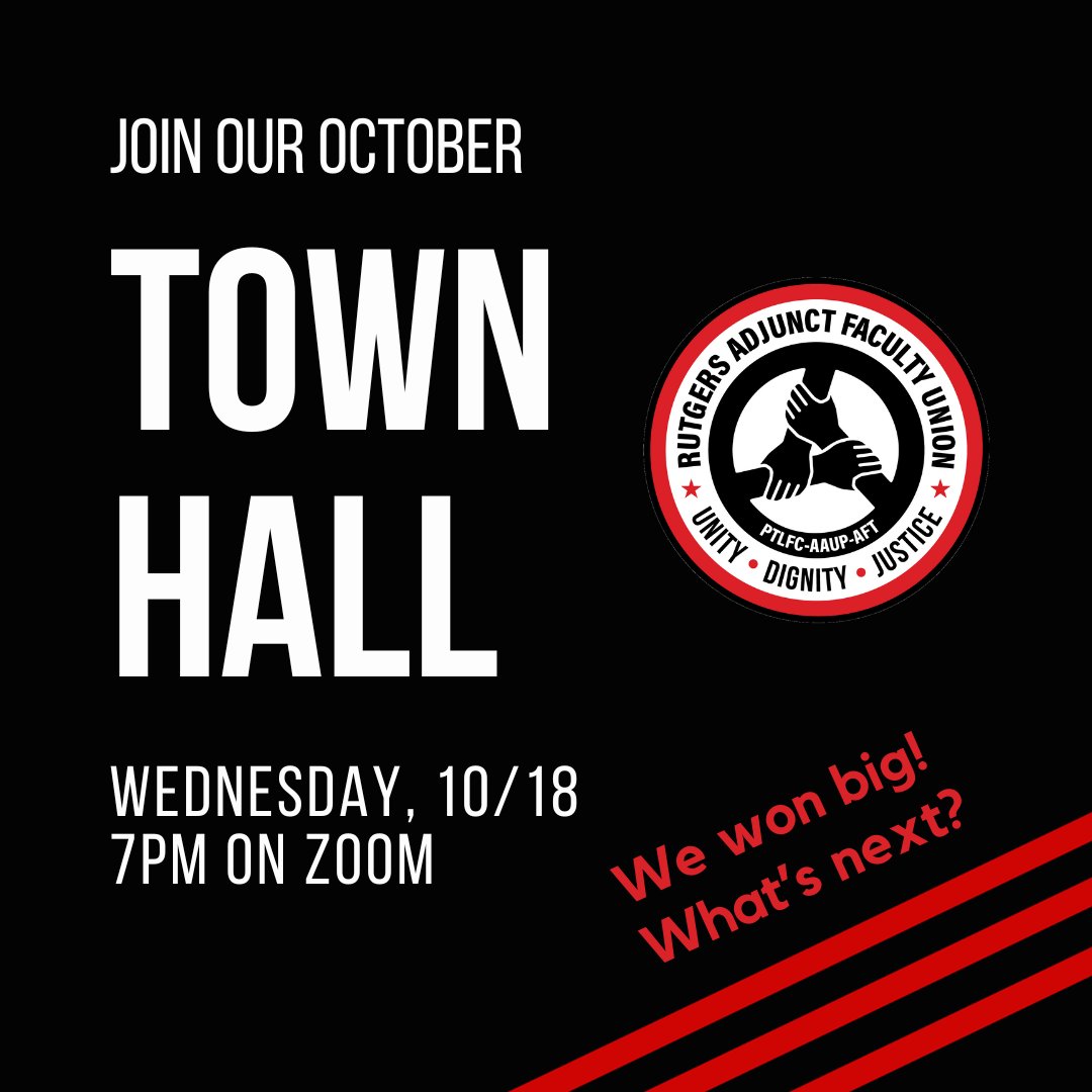 ruaaup_ptl's tweet photo. We invite adjuncts across Rutgers university to join our first union town hall of the semester on Wednesday, Oct 18 at 7pm on Zoom. We made huge contract gains! What's next? Come ready to ask questions and engage in discussion. #UnionStrong Register here: https://t.co/zDNQtie7iC https://t.co/EBM2j3avBC