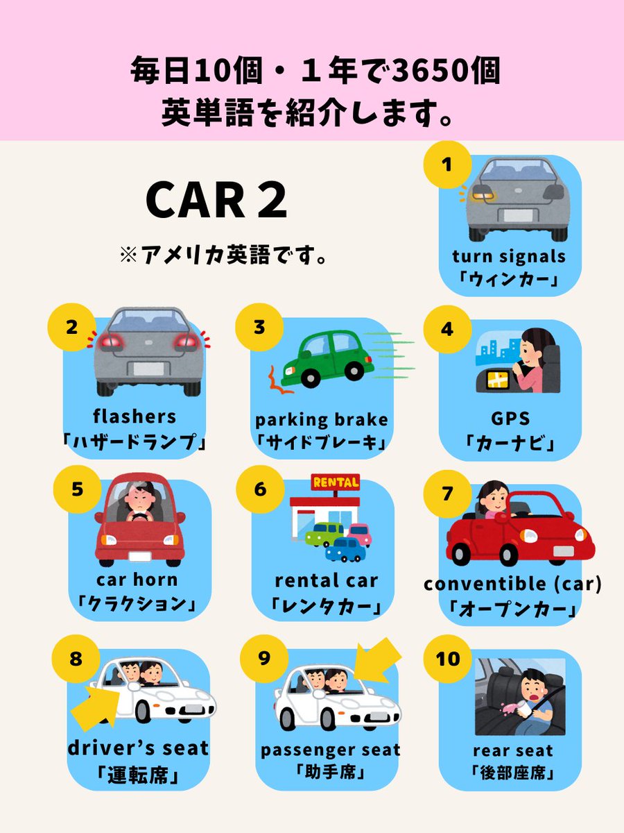 Engimmersion's tweet photo. 「カーナビ」とか「オープンカー」は案外会話で使うけど、英語にしろと言われたら結構出てこない単語な気がします。。。

#英語勉強 #TOEIC #英検 https://t.co/OGM06NZJBR