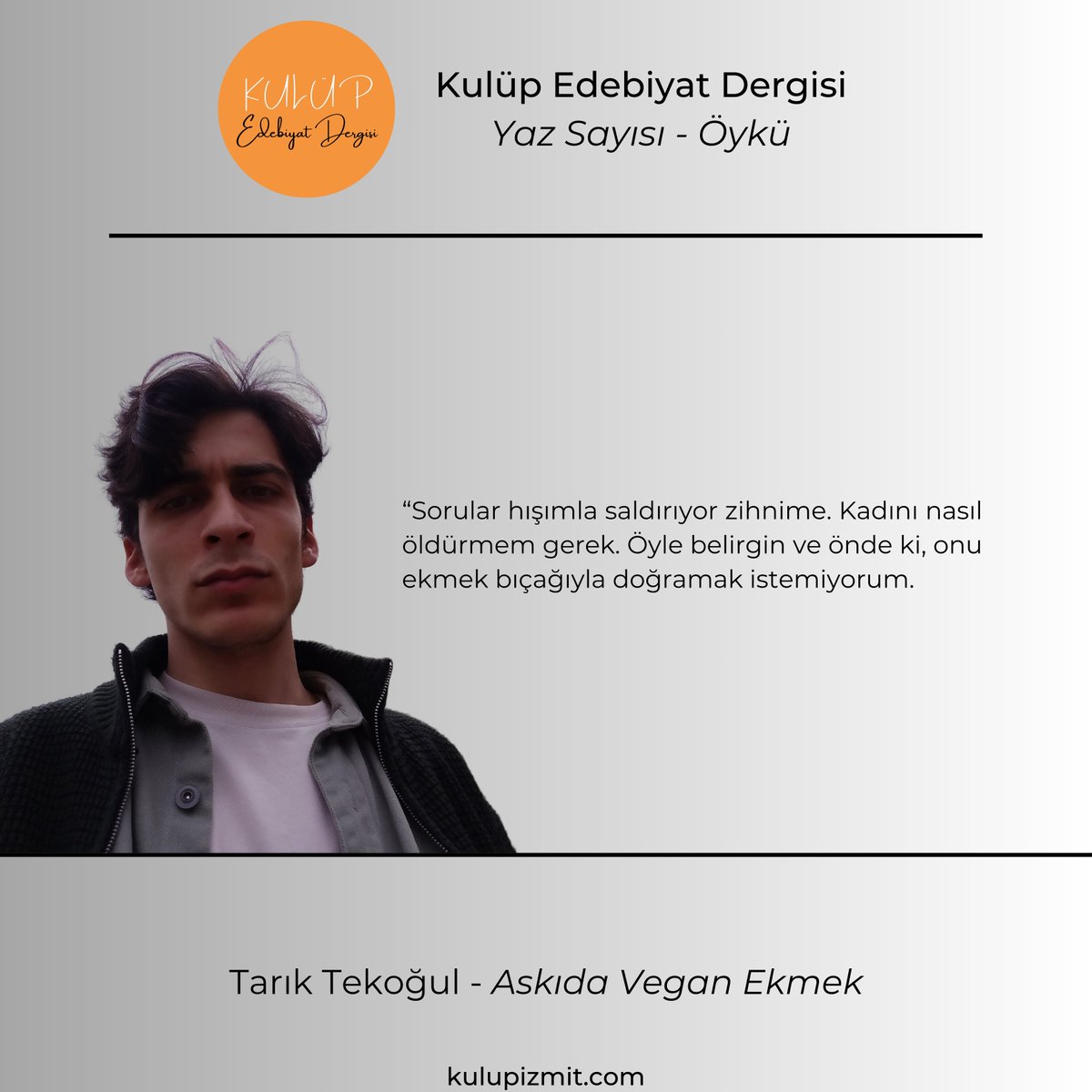 Tarık Tekoğul "Askıda Vegan Ekmek" öyküsü ile dergimizin yaz sayısında yer aldı. Dergimizi link aracılığıyla satın alabilirsiniz.
@tereketek 
shopier.com/19610146