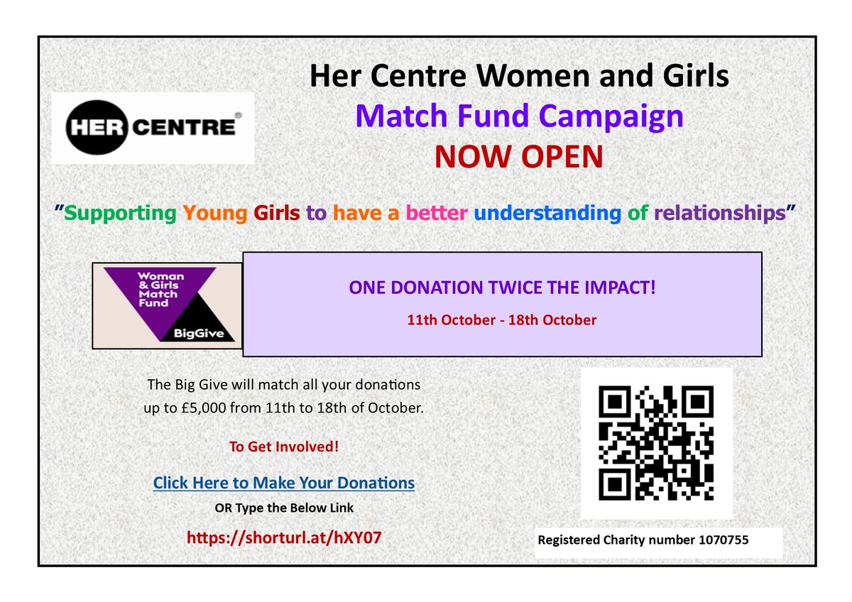 Our #FundraisingCampaign to ‘Support and Work with Young Girls to Understand Relationships Better’ is now #OPEN. You can #Donate by #Scanning the below #QRCode with your #SmartPhone #Camera or clicking on this link. (donate.biggive.org/campaign/a0569…) #WGMF #BIGGive #YoungGirls #HerCentre