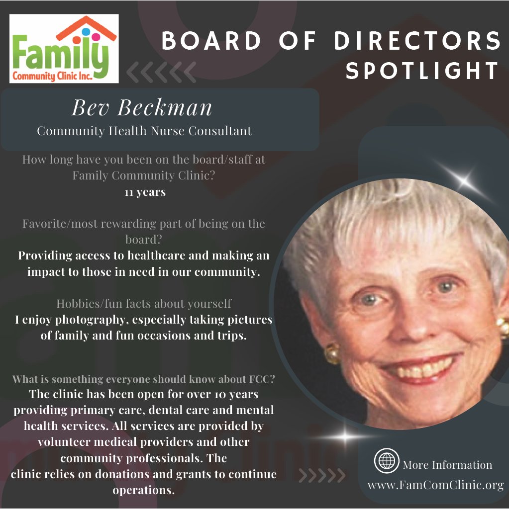 #FCCBoardOfDirectorsSpotlight: Bev Beckman

Bev says providing access to healthcare &amp; making an impact to those in need are the most rewarding aspects of the work. Bev enjoys photography, especially of family, fun occassions &amp; trips.

Now that you know her,  say hi to Bev! 👋