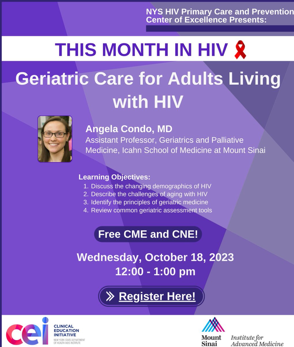 Please join us for our webinar 'Geriatric Care for Adults Living with HIV' on October 18th at 12pm. bit.ly/48QbPk4