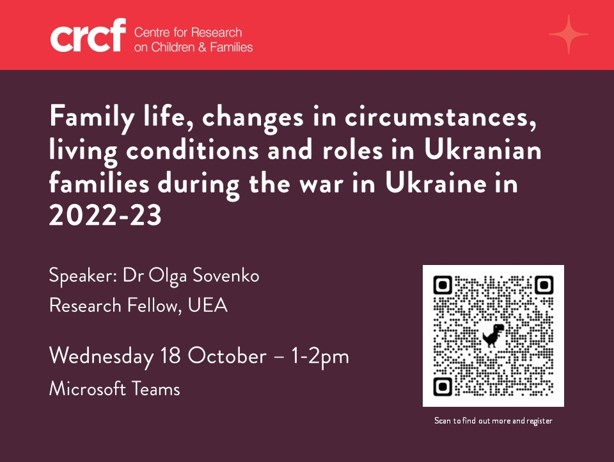 Join us at @CRCF1 to hear about Dr Sovenko's important work exploring family life during the war in Ukraine, focusing on internally displaced women, wives of military personnel, and women who returned to Ukraine from abroad. Registration details here: uea.ac.uk/groups-and-cen…