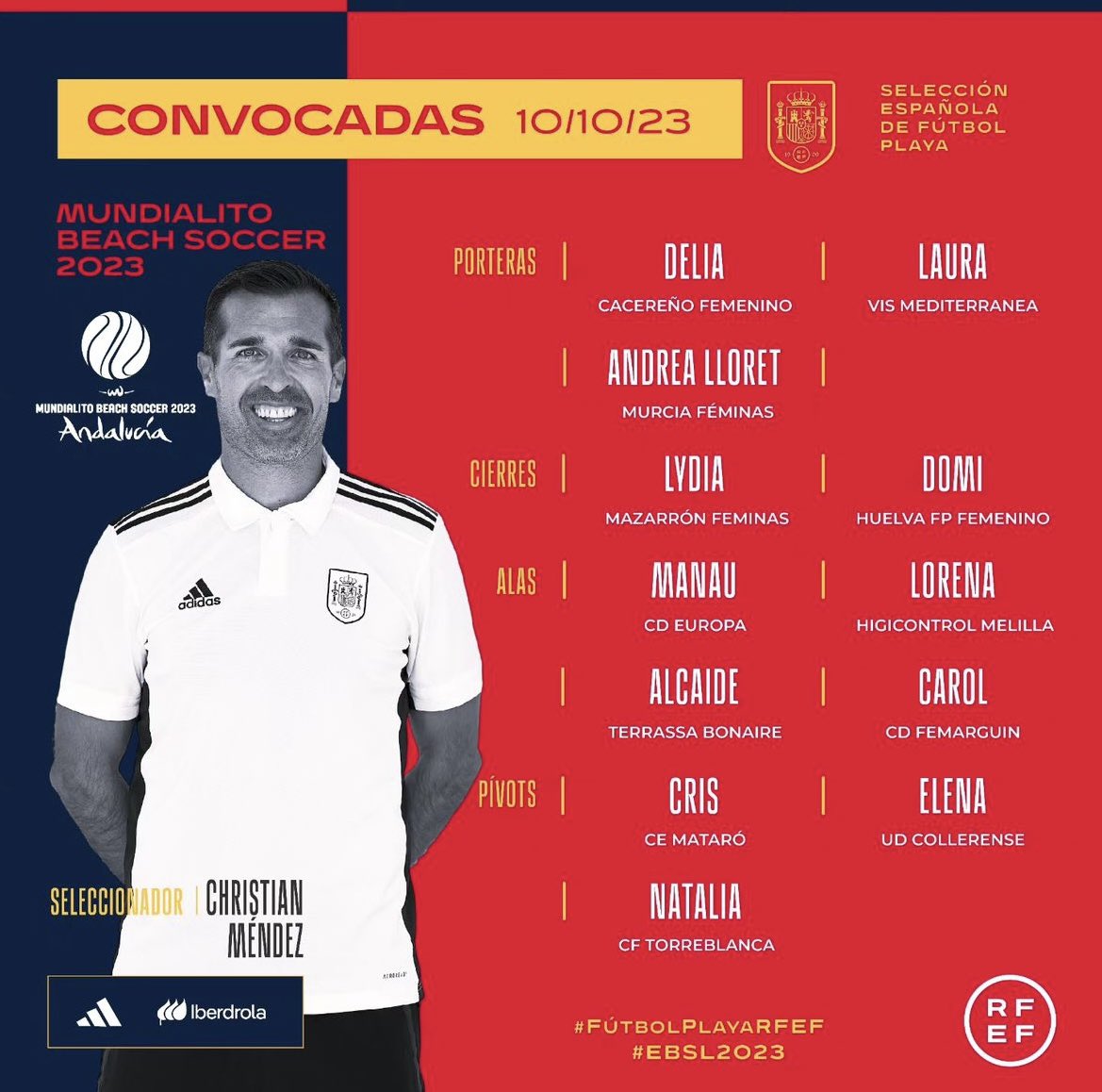 Natalia, convocada con la <a href="/FutbolPlayaRFEF/">Fútbol Playa RFEF</a> ❤️🇪🇸

Donde disputará el Women's Mundialito Beach Soccer 2023. 

😍 ¡Enhorabuena, <a href="/_nattaliaa10/">Natalia Cuadrado</a>! 🏖️⚽️