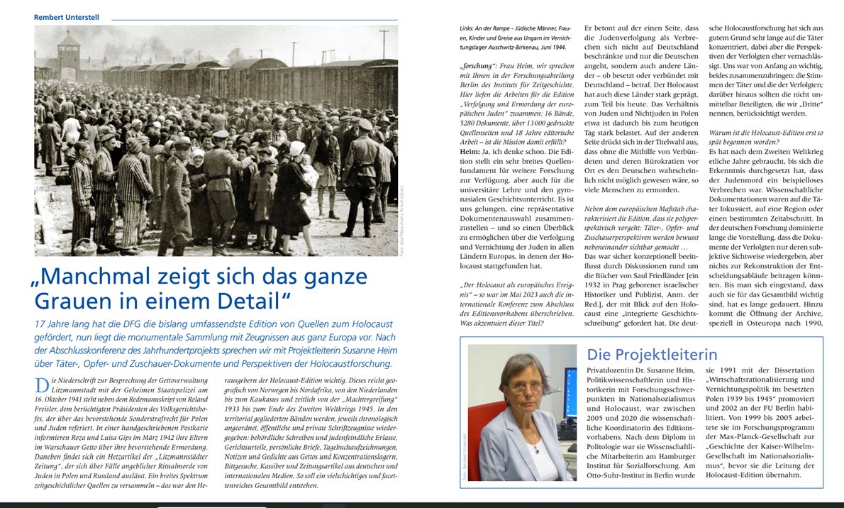 dg_history's tweet photo. Lesetipp: "Manchmal zeigt sich das ganze
Grauen in einem Detail" - Susanne Heim im Interview mit dem Magazin der DFG "forschung" (S. 22-27) - zur #Holocaust Quellenedition #VEJ: 🔗https://t.co/3Od6eIIWKg
Die Edition gibt es auch als preiswerte Broschur: https://t.co/Y9lBXqT6iV https://t.co/LO8DFGz1g8