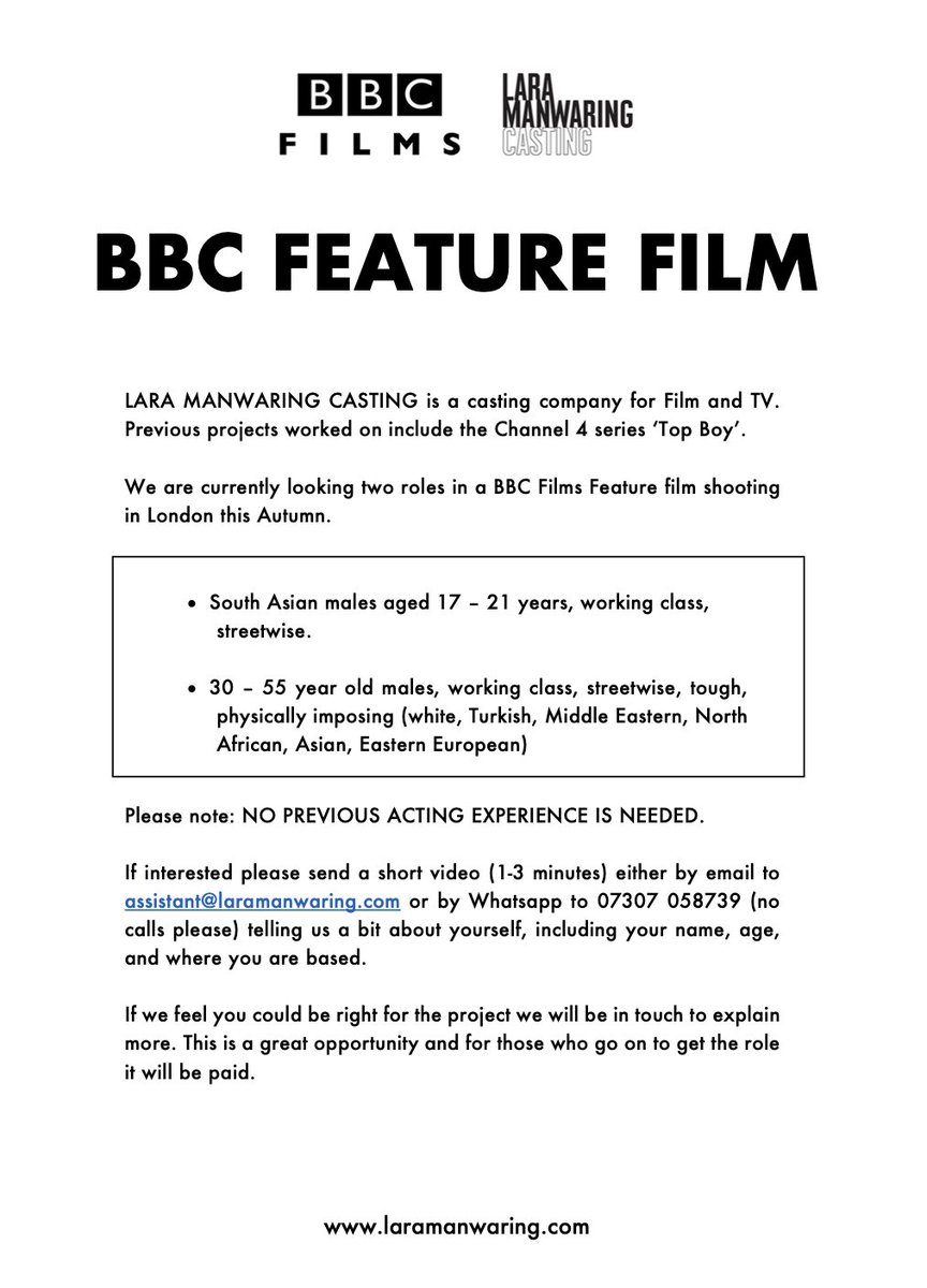 Casting for a BBC Feature Film - looking for men to fill two roles. All info on the flyer attached. Please share 🙏