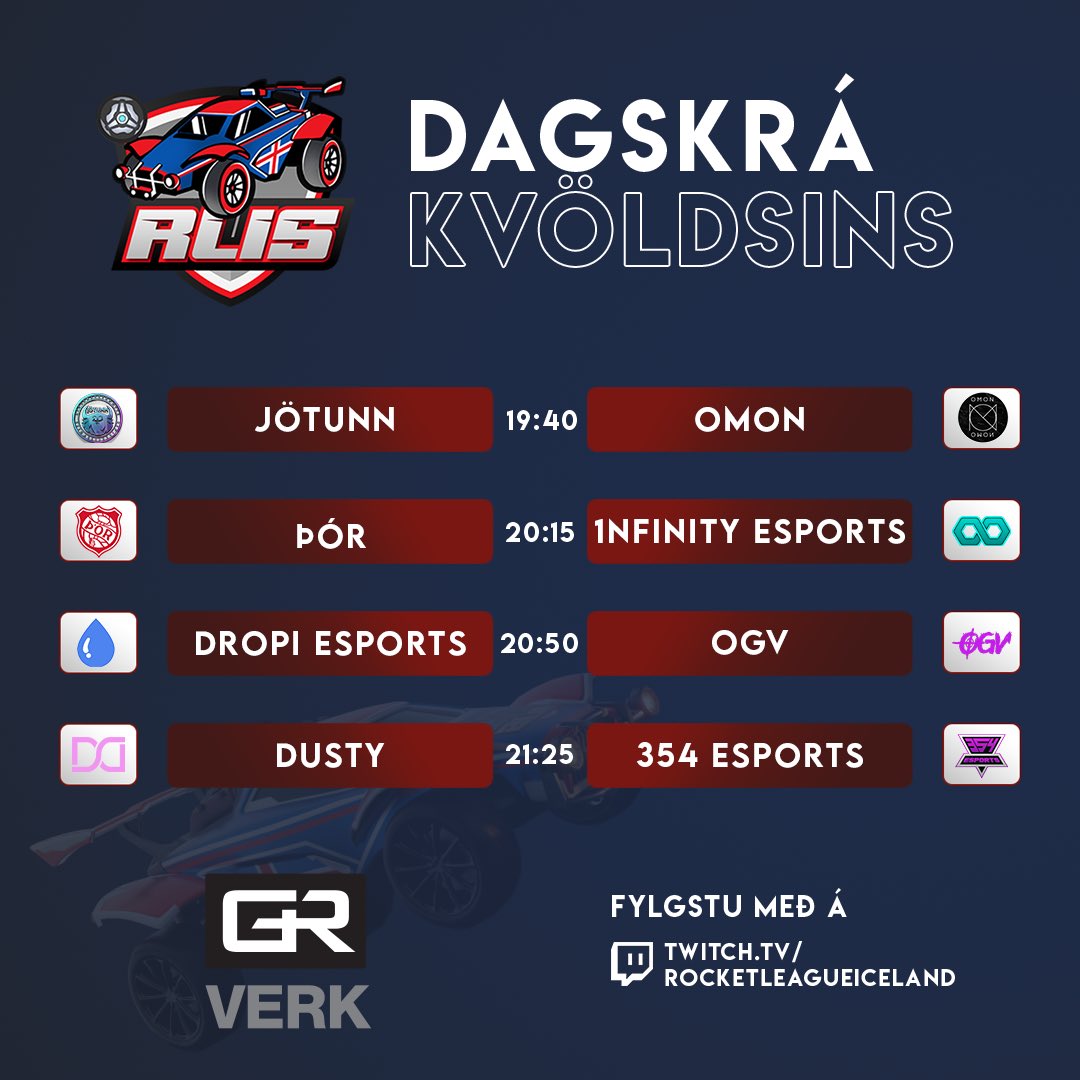 TÍUNDA umferð GR Verk deildarinnar verður spiluð í kvöld ‼️

Það eru aðeins 4 umferðir eftir af deildinni svo ekki láta þig missa við að styðja liðið þitt í endasprettinum 🫵

Æsispennandi leikur milli OMON og Jötunn en þau eru alveg jöfn í stigum 🤯

Twitch.tv/rocketleagueic…